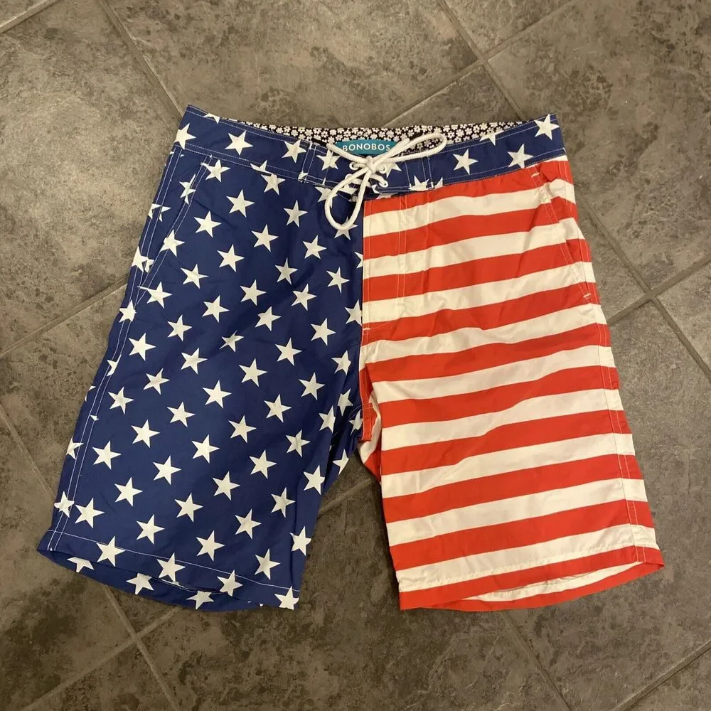 EUC Mens‎ Bonobos Board Shorts Swim Trunks American Flag USA Size 29 Small